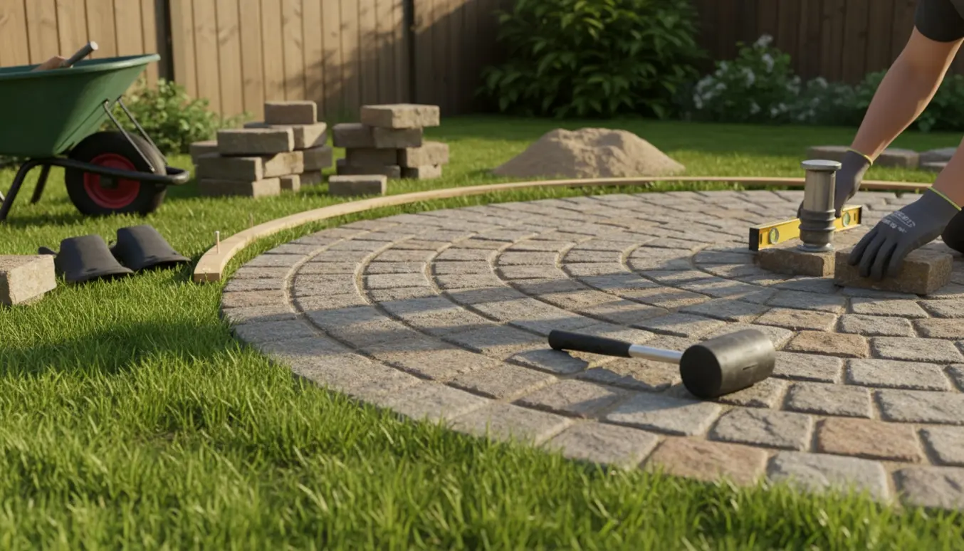 Kvartrund terrasse i hjørnet af haven under anlæg med genbrugte herregårdssten, sand og værktøj.
