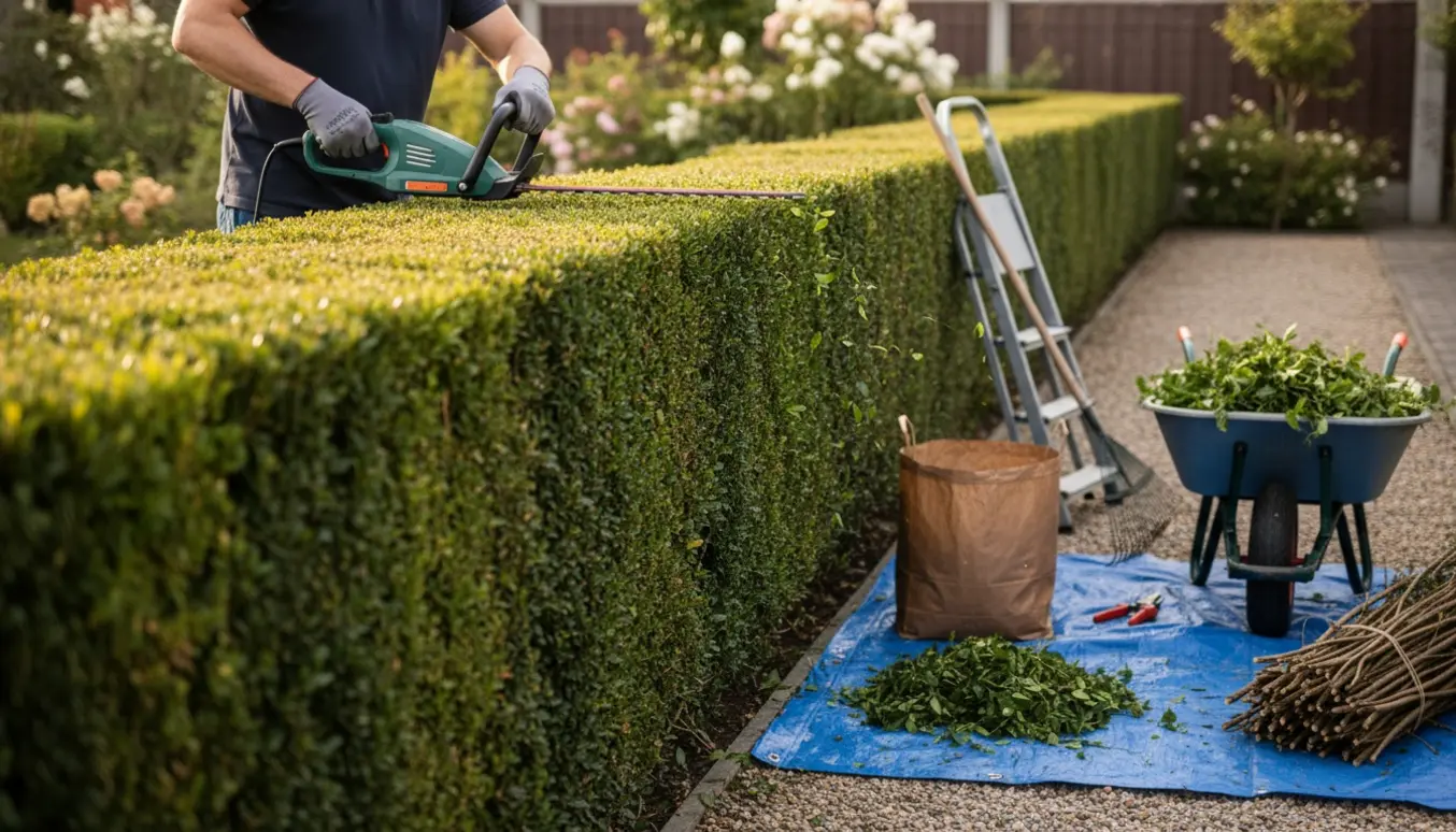 En lang hæk klippes fra top og side, med afklip samlet i trillebør og på en presenning.
