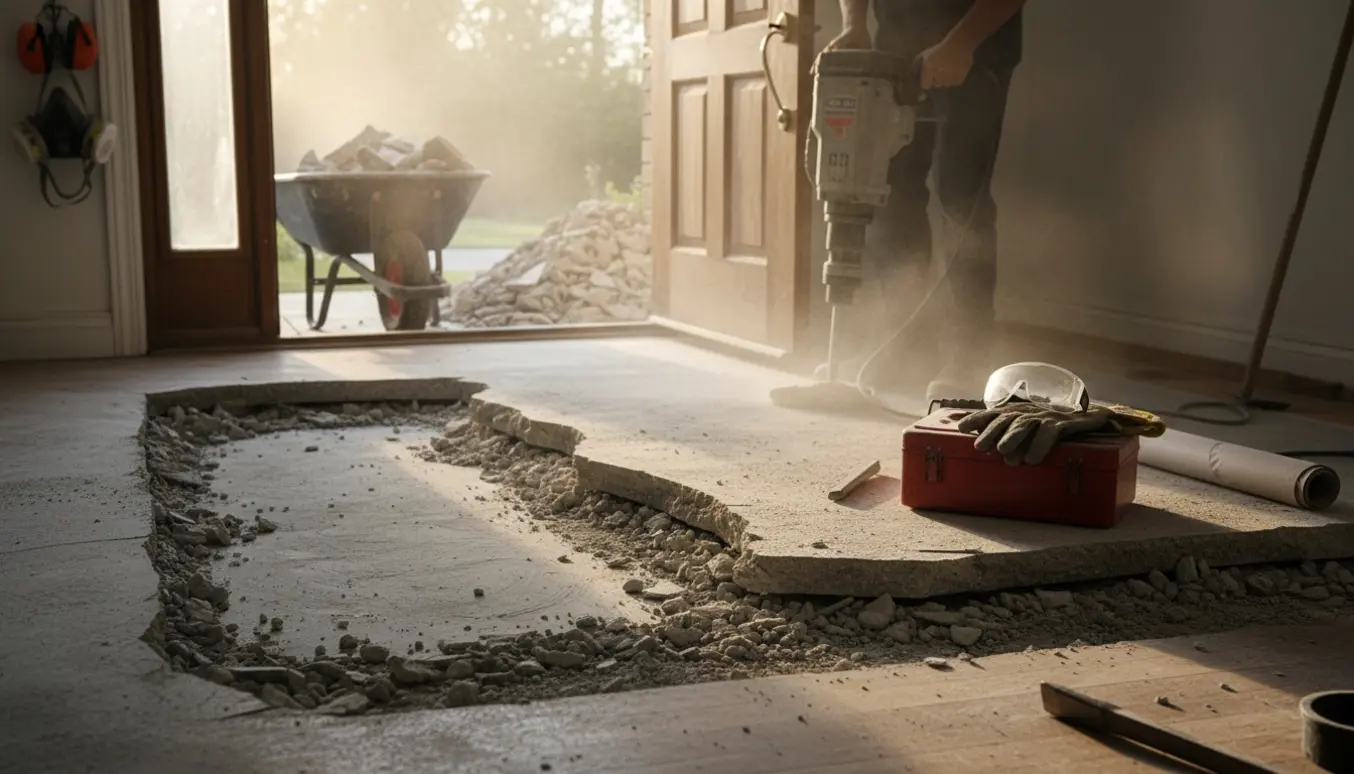 Indendørs renovering med nedbrudt betongulv, værktøj og betonstykker, der flyttes ud gennem hoveddøren.