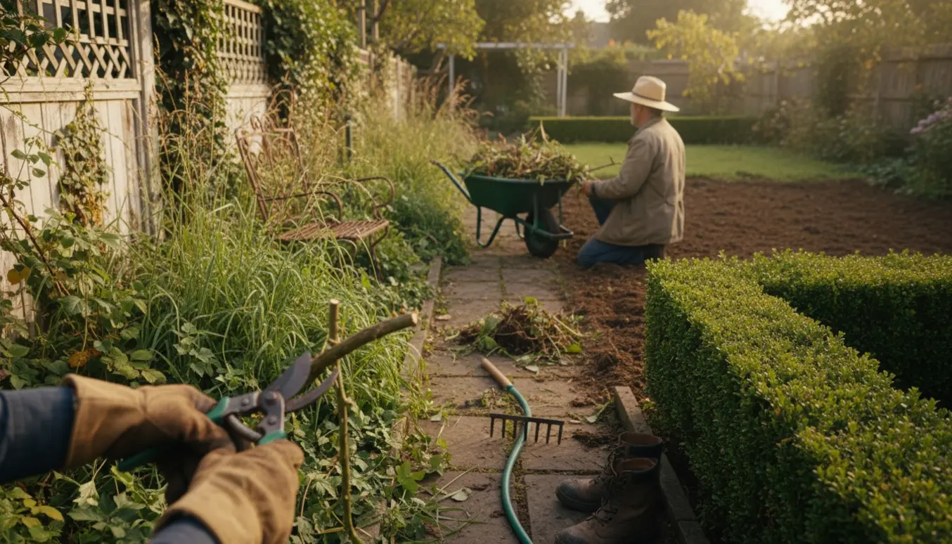 Bagfra set person rydder en forsømt, vild have med beskærersaks, trillebør og riven i morgenlys.