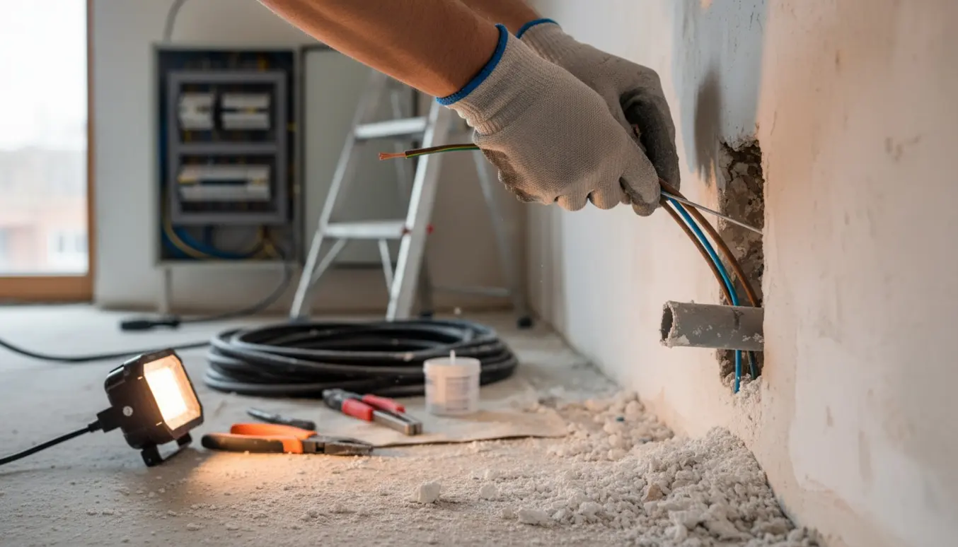 Nærbillede af hænder, der trækker nye ledere gennem overskårne installationsrør efter rillefræsning.