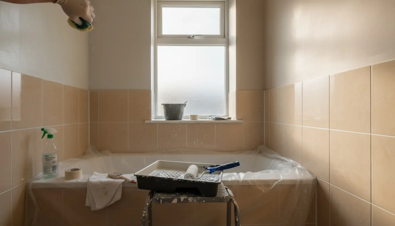 Et lille badeværelse under klargøring og maling med afdækning, rulle og handsker synlige.
