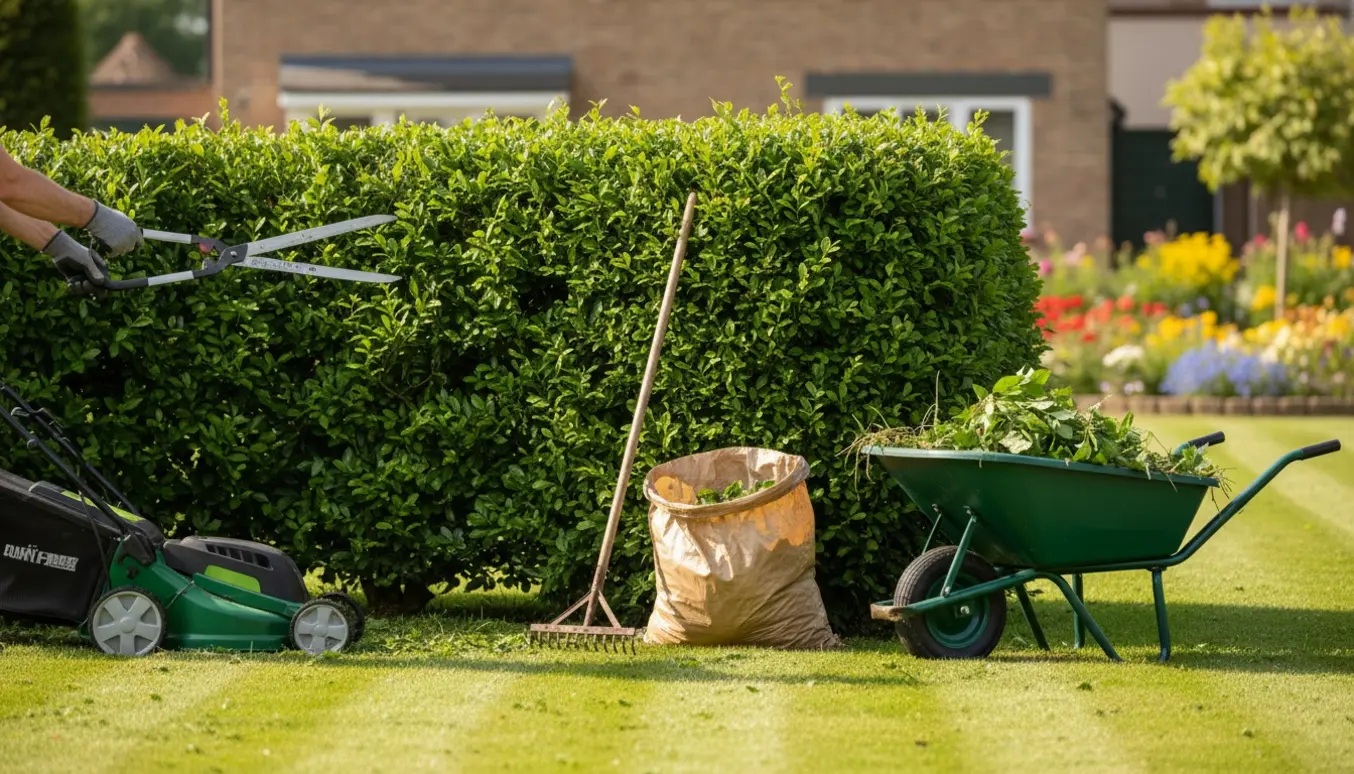 Nypresset bøgehæk og nyslået græs med haveredskaber og fyldt trillebør til haveaffald.