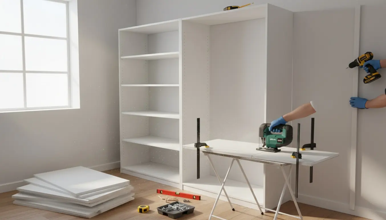 Delvist samlet PAX-garderobe mod væg, hylder måles og saves til, og en lodret liste monteres.