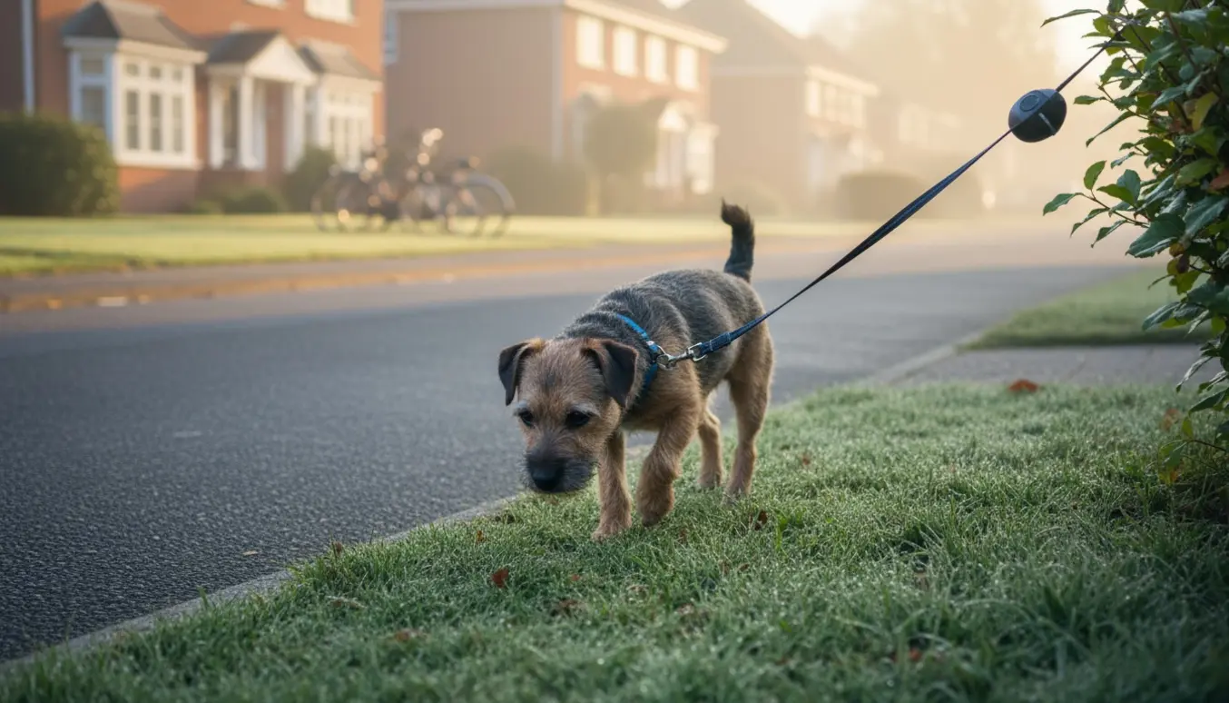 En border terrier luftes tidligt om morgenen langs en stille boligvej, ejerens ansigt er uden for billedet.