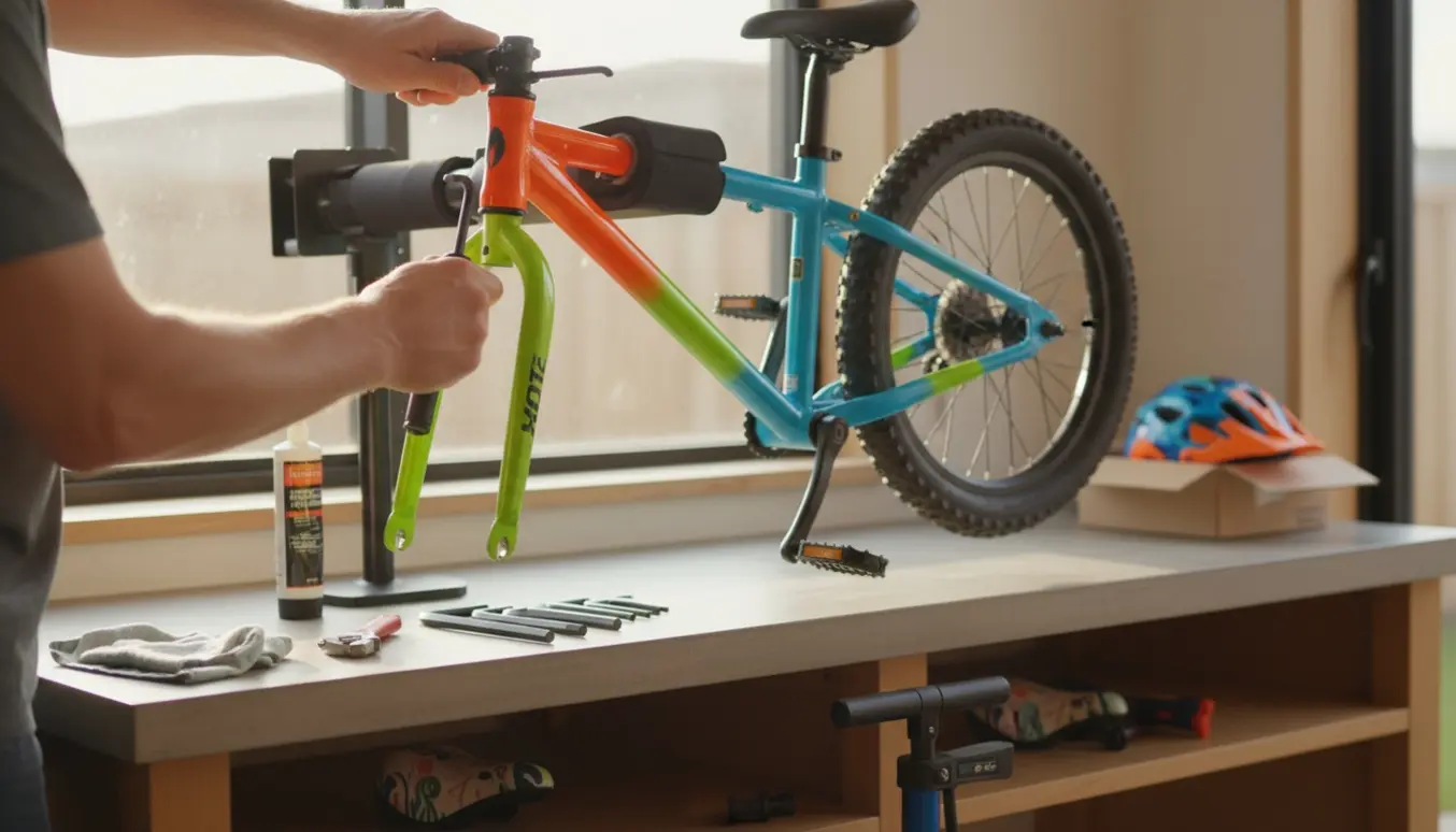 Nærbillede af hænder, der samler en ny børne-mountainbike i et sollyst værksted.