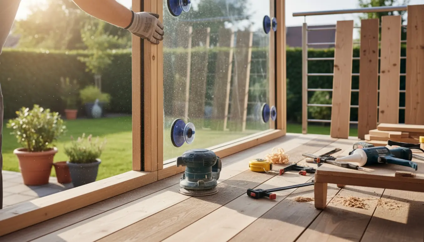 Terrasse under renovering med håndværker, der isætter en glasrude og sliber trægulvet.