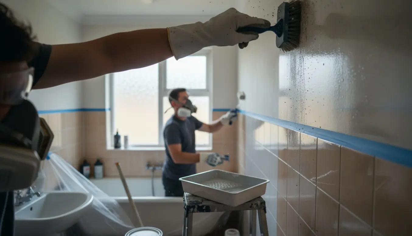 Nærbillede af hænder, der skrubber skimmelsvamp i lofts- og vægkant i et badeværelse, mens en væg får frisk maling.