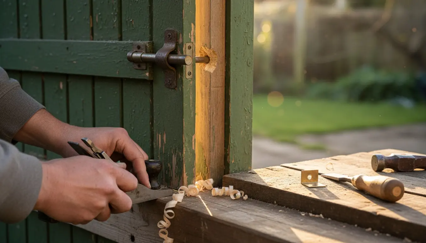Tæt billede af en skurdør med en låsepal, der ikke passer i karmen, mens en tømrer høvler dørkanten.