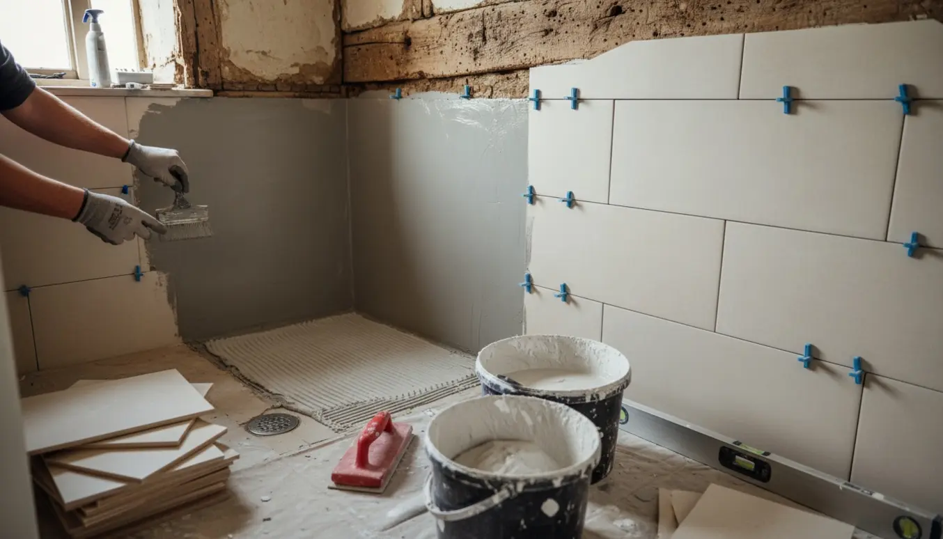 Hænder påfører vådrumsmembran og lægger fliser i et nyetableret badeværelse i et gammelt hus.