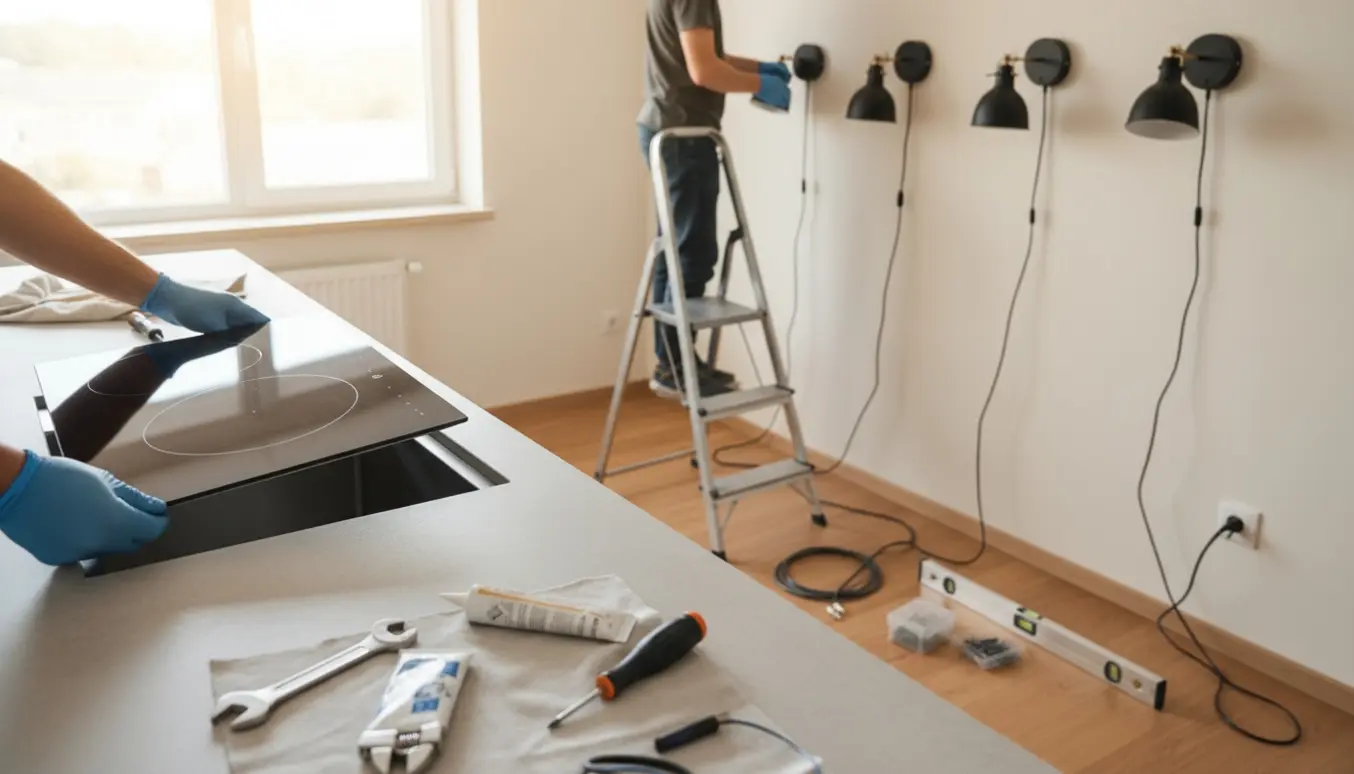 Installering af keramisk induktionskogeplade i et Svane-køkkenbord med hænder og værktøj, og ophængning af fire sengelamper i baggrunden.