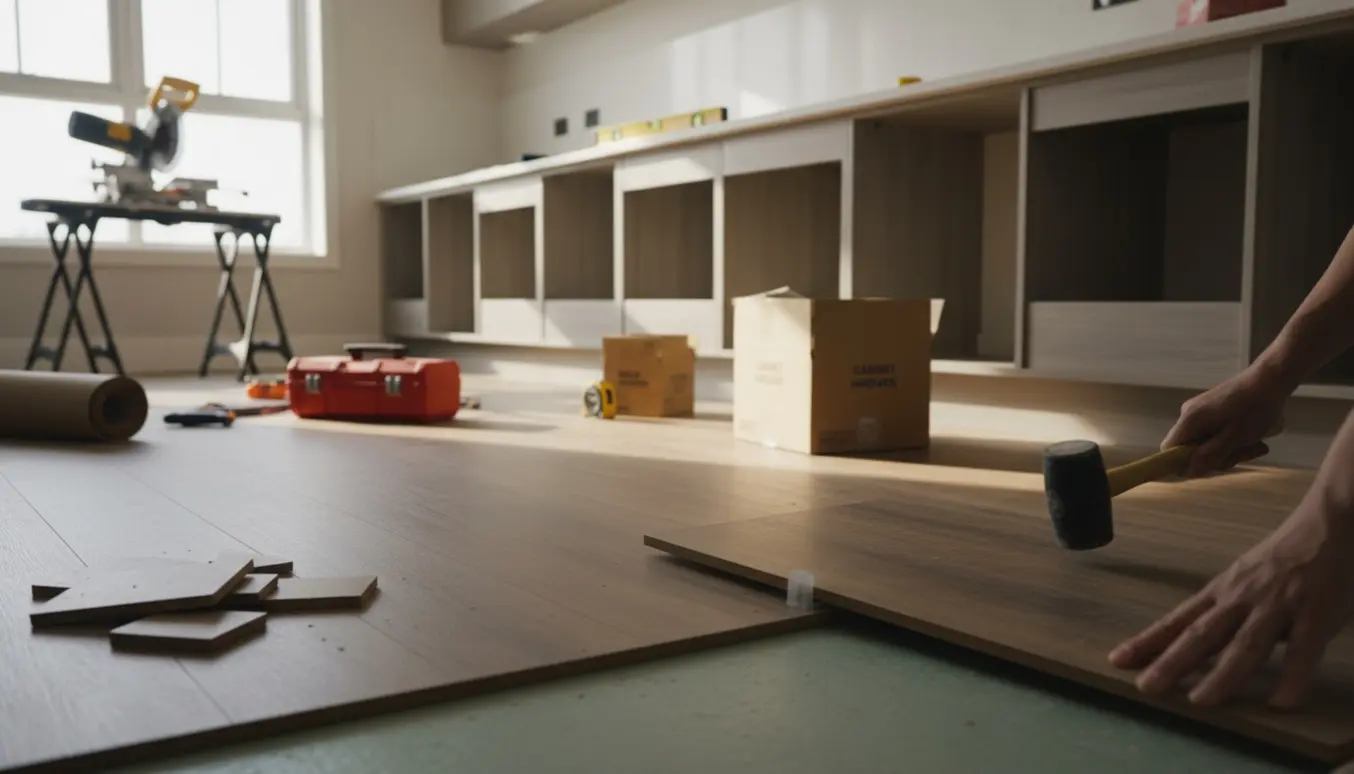 Montage af klikgulv og opsætning af nye køkkenelementer i et lyst køkken, håndværkere uden synlige ansigter.