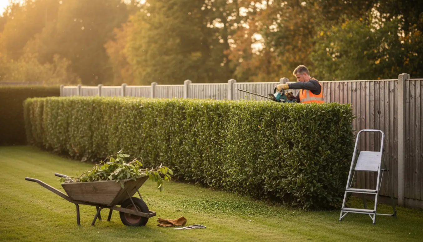 En have i aftensol, hvor en person klipper en lang hæk med en hækkeklipper og samler afklip i en trillebør.