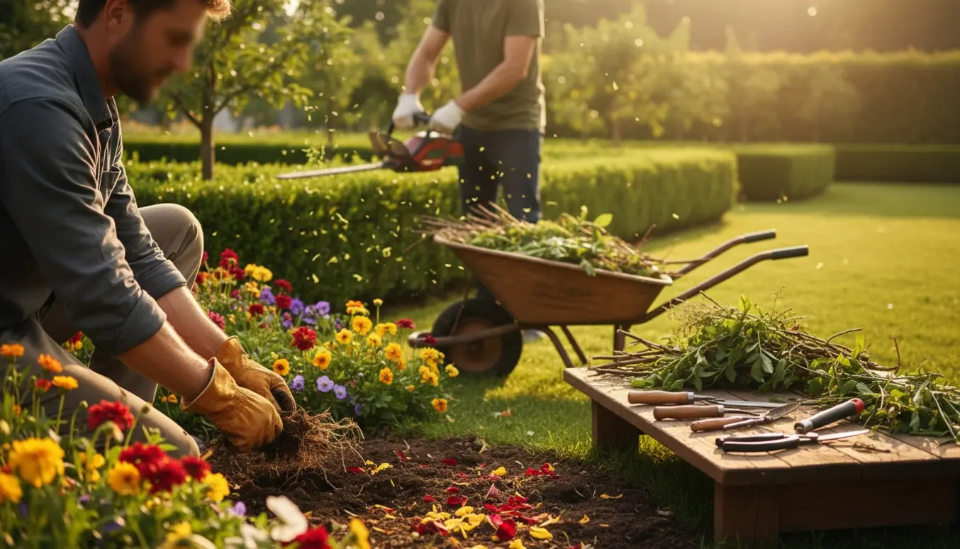 Solbelyst havearbejde med lugning af blomsterbed, klipning af hæk og beskæring af buske.