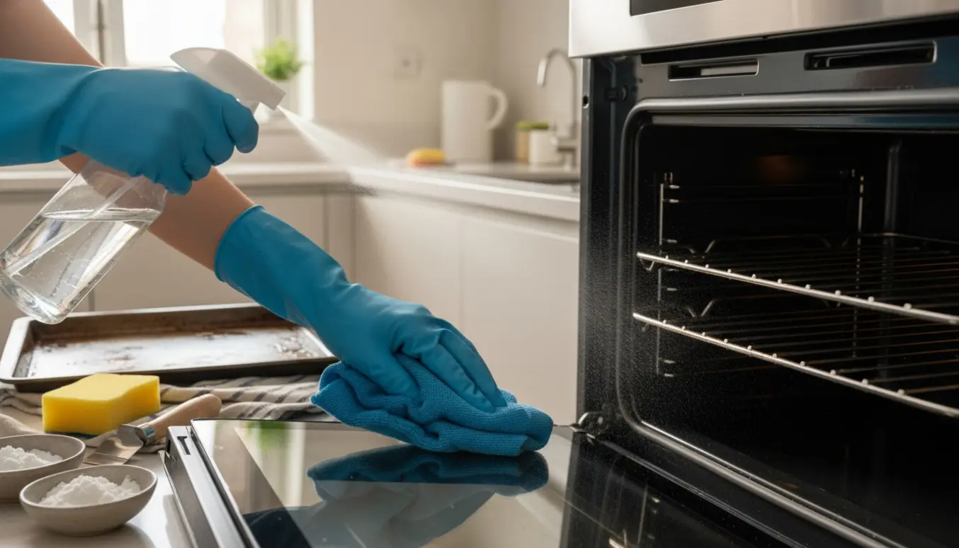 Nærbillede af hænder i handsker, der sprayer og pudser en ovnens glaslåge med klud og rengøringsmidler.