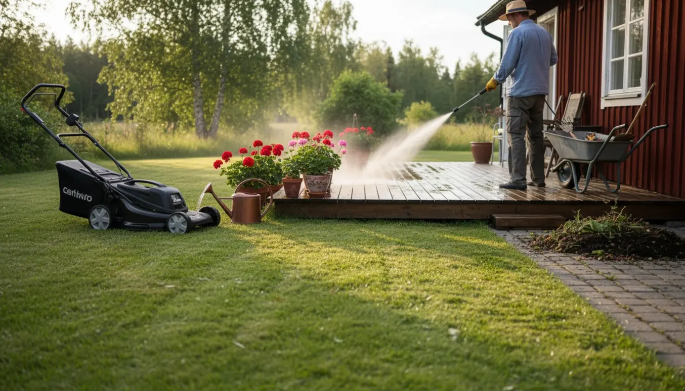 Havearbejde ved et sommerhus med nyslået græs, vandkande ved krukker og højtryksspuler på terrassen.