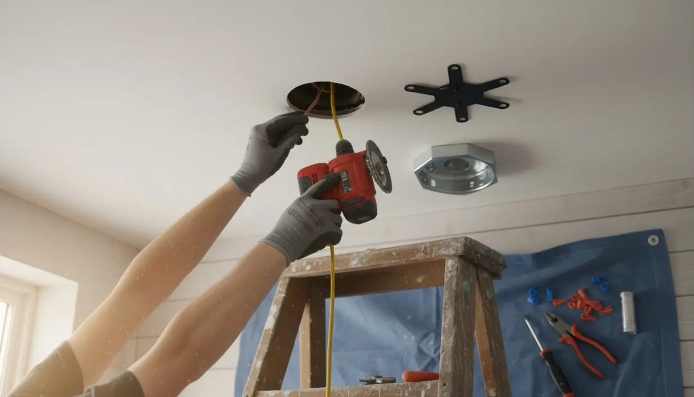 Hænder trækker ledning gennem et nyudskåret hul i loftet ved en stige og værktøj.