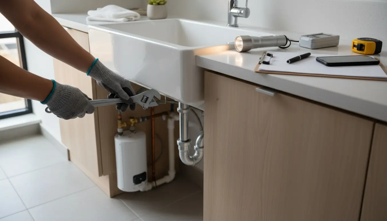 Hænder tjekker VVS under køkkenskab med skiftenøgle og måleinstrumenter i en lys, nystaget lejlighed.