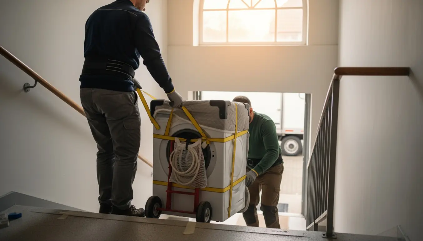 To flyttemænd sænker en frakoblet vaskemaskine ned ad en opgang fra 4. sal.