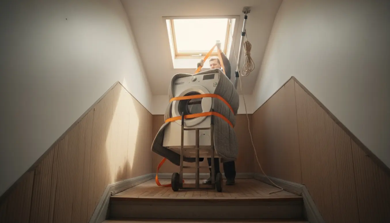 Vaskemaskine trækkes ned gennem en åben loftlem af flyttere, pakket i flyttetæpper og fastgjort med stropper.