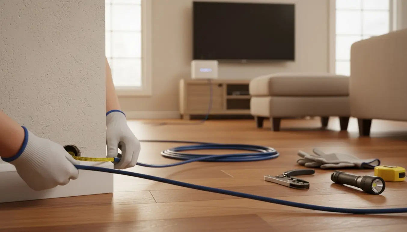 Langt Ethernet-kabel trækkes gennem rør fra modemmet ind i en stue med TV og værktøj i nærheden.