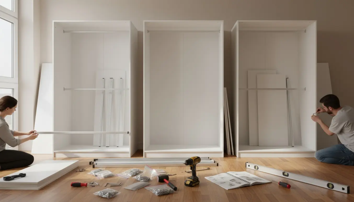 Tre PAX-garderober under samling i et lyst værelse med værktøj og paneler spredt på trægulvet.