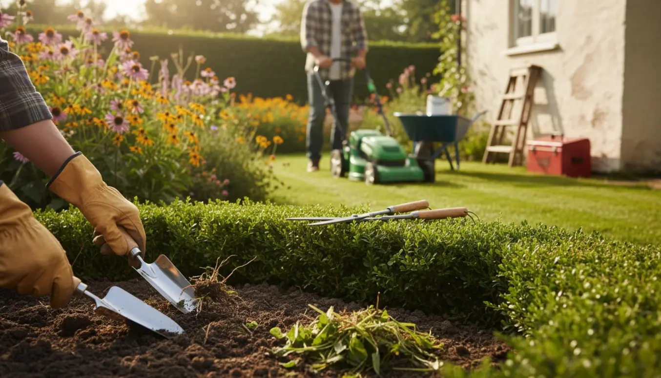 Gloved hænder luger ukrudt i en lille have med nyklippet hæk, slået græs og en vild blomsterkrog for biodiversitet.