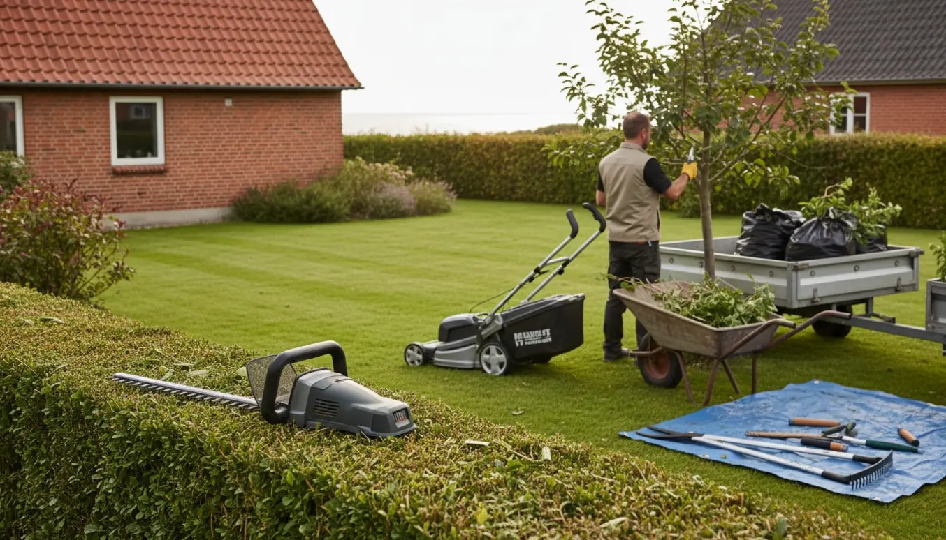 Havearbejde i en dansk have med hækklipning, græsslåning og trailer fyldt med haveaffald.