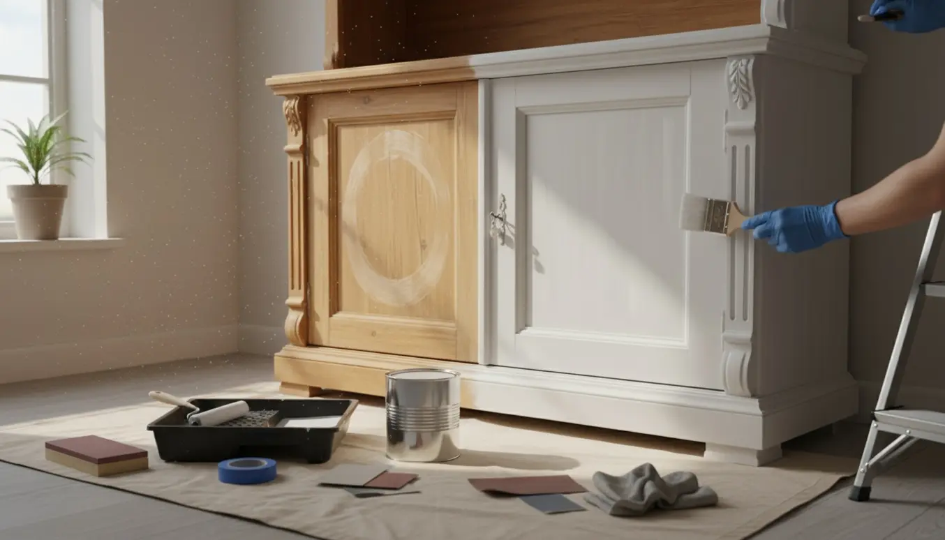 Et gammelt fyrretræsvitrineskab halvt slebet og halvt nymalet hvidt med maleredskaber omkring.