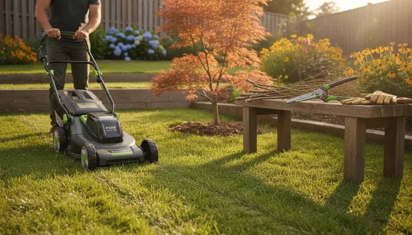 Græsslåmaskine på en skrånende græsplæne og beskårne små træer med haveredskaber i forgrunden.