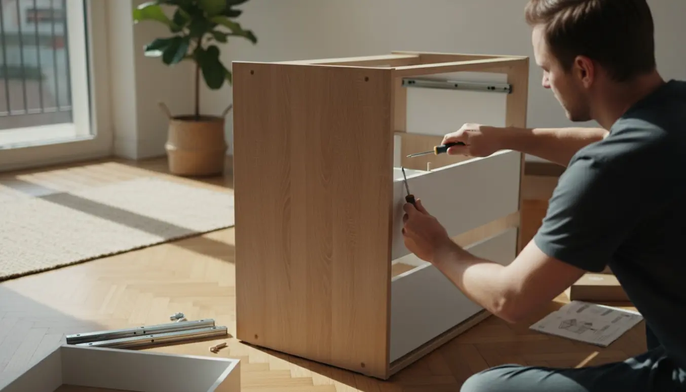 Hænder samler en høj Ikea-kommode på et lyst gulv med værktøj og samledelene spredt omkring.