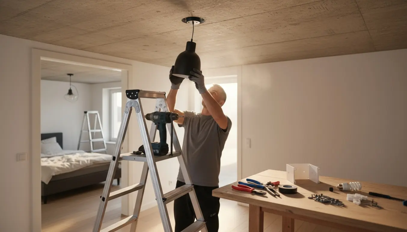 Hænder monterer en loftlampe i en stue med betonloft, værktøj og stige i forgrunden.