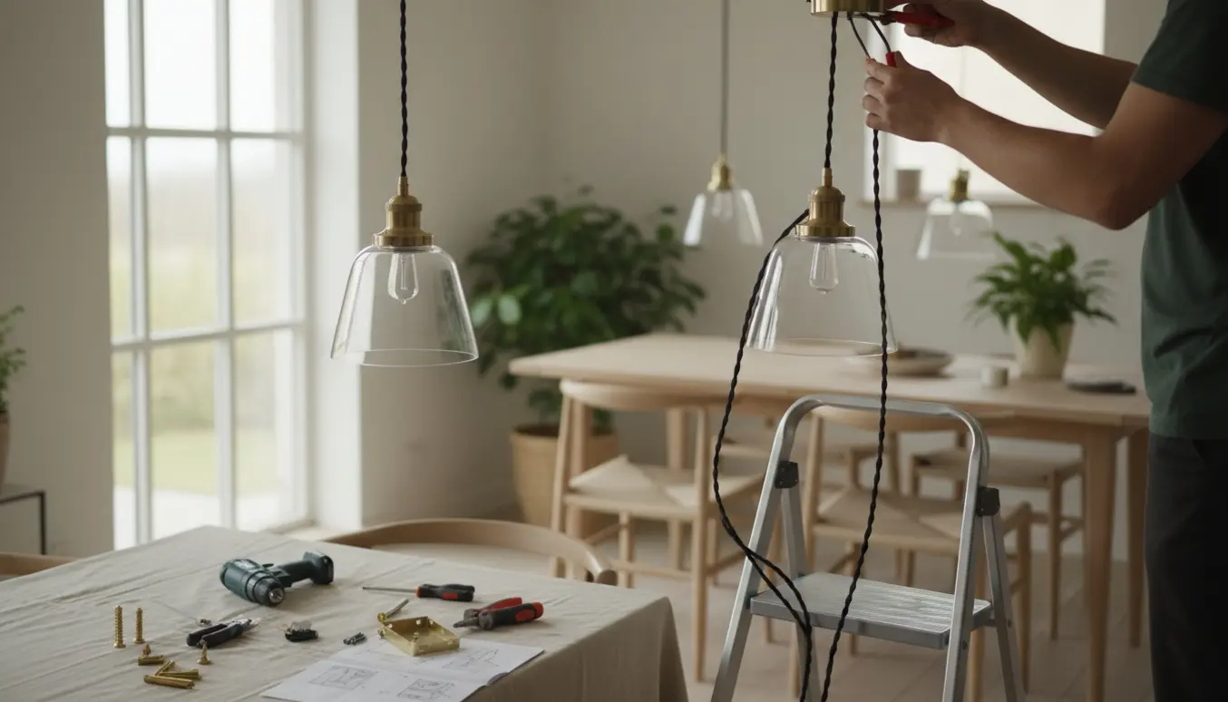 Nærbillede af to pendellamper, hvor en installatør på en stige forbinder ledninger og monterer loftsbeslag.