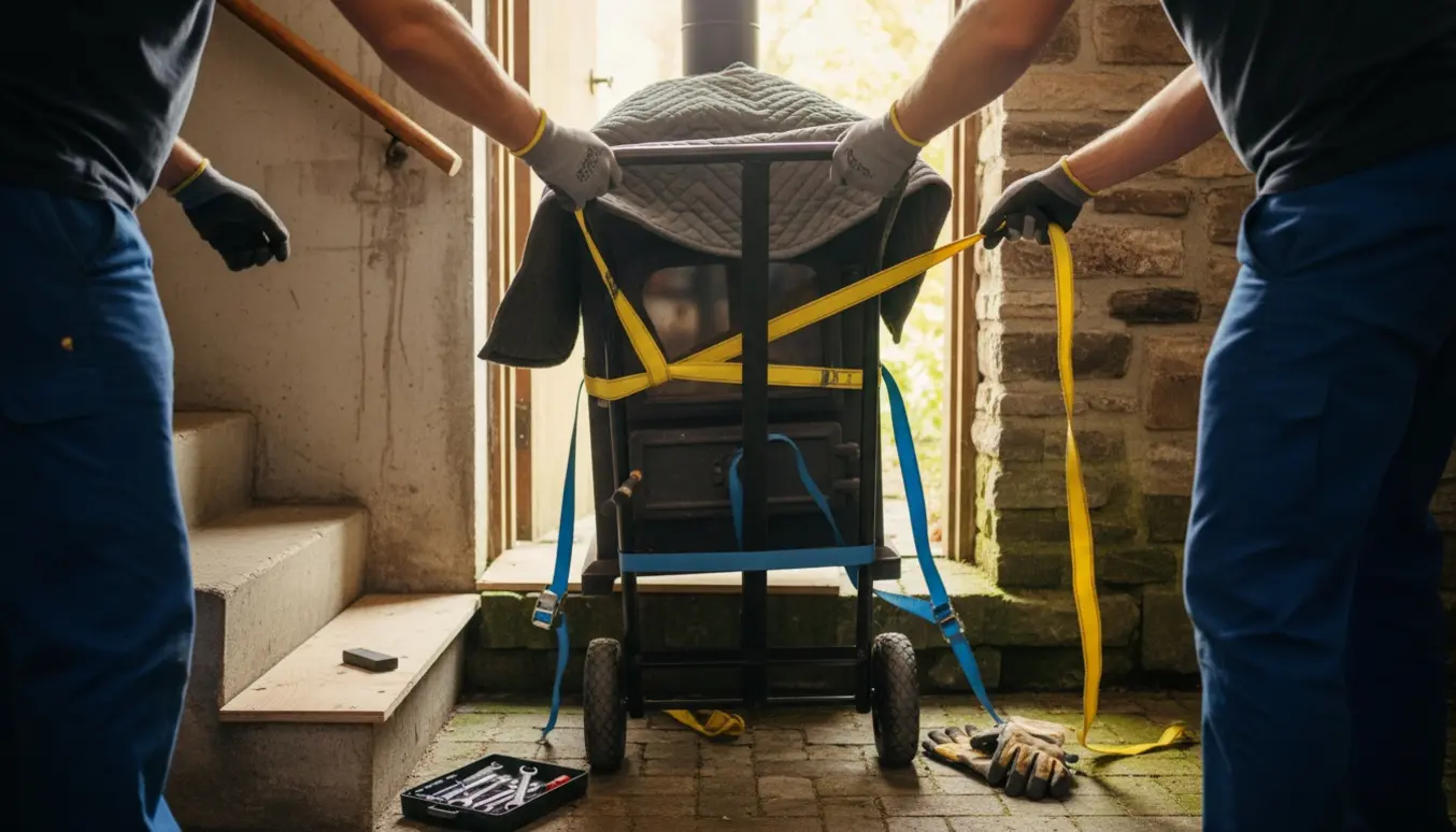 To personer løfter en tung pilleovn gennem en dør mellem kældertrappe og udendørs trappe.