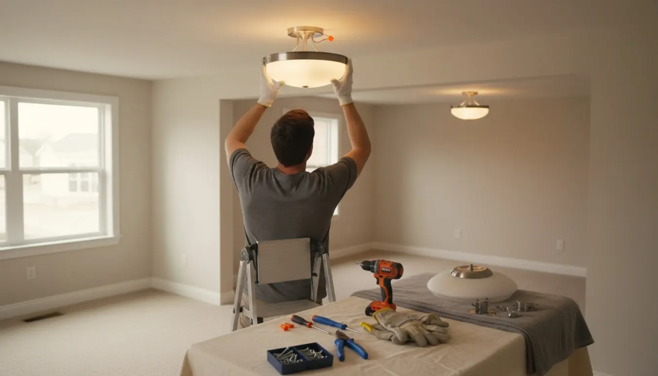 En person på en stige monterer en loftlampe, mens en færdigmonteret lampe og værktøj ses i naboværelset.