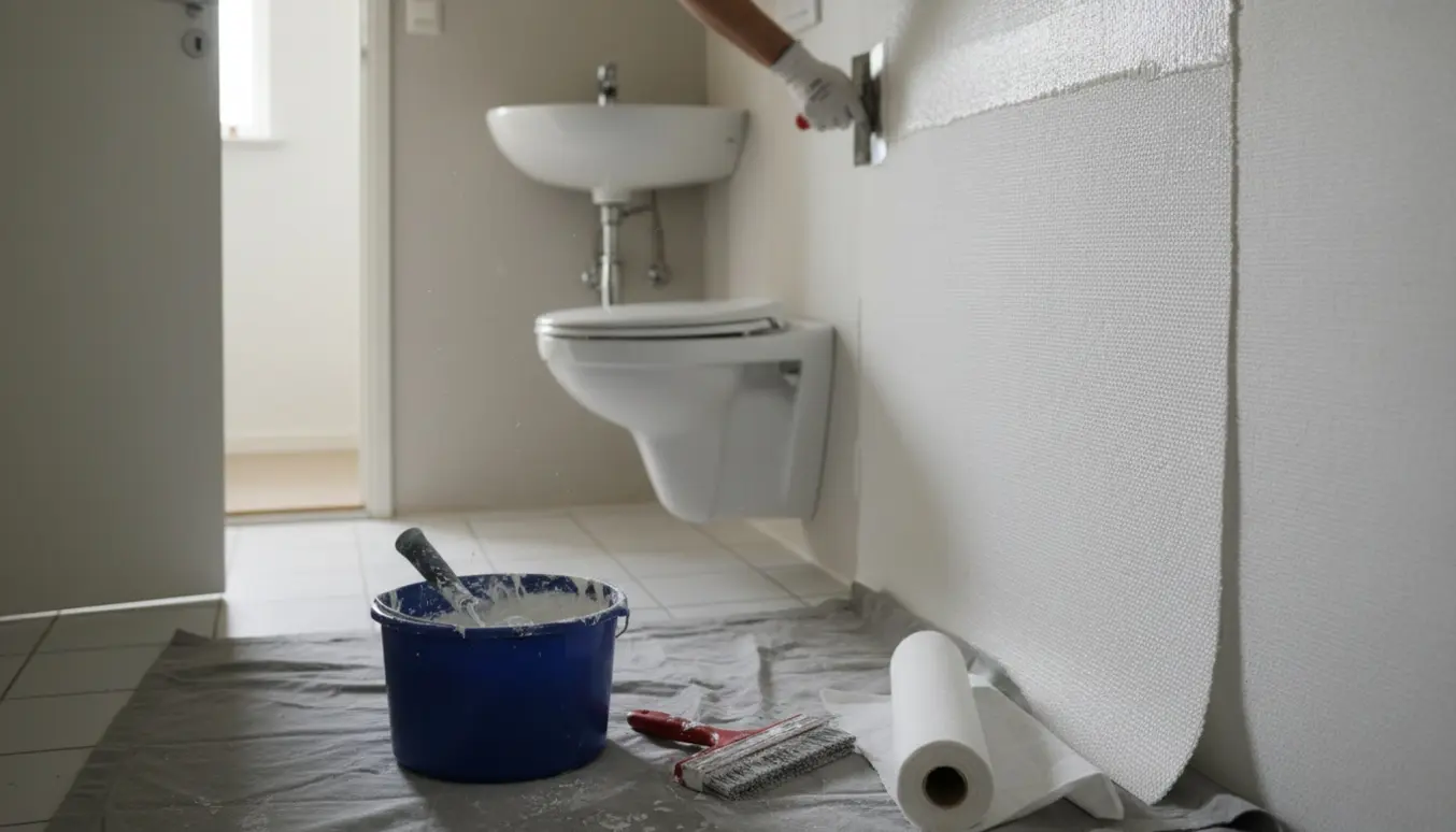 Detaljeret foto af spartling og opsætning af glasvæv i et lille gæstetoilet.