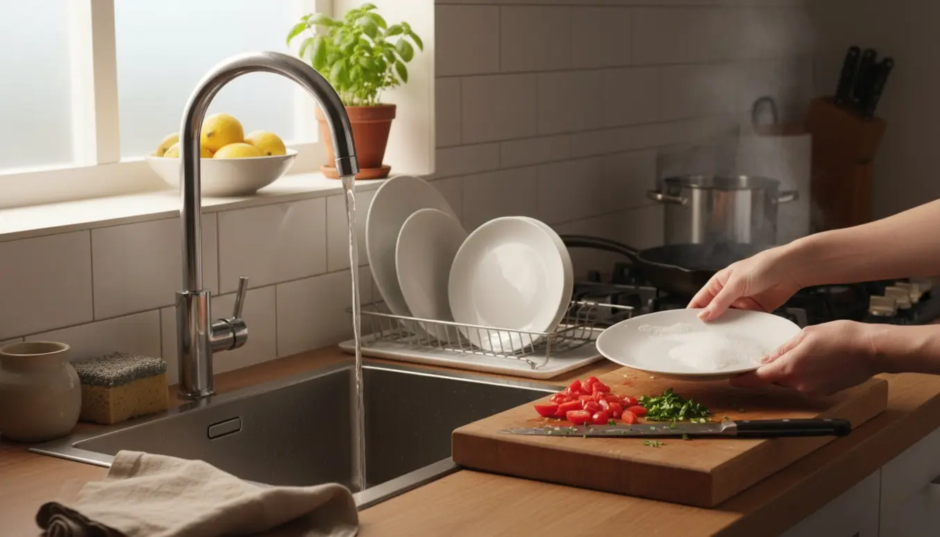 Køkkenvask og madlavningsområde med hænder ved vask, skærebræt med grøntsager og gryder på komfuret.