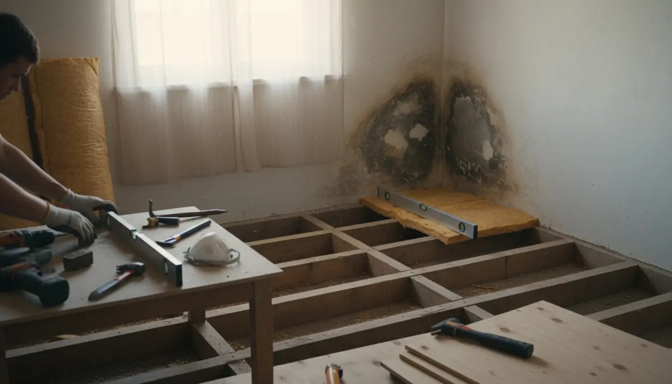 Lille værelse under totalrenovering med fjernet gulv, synligt skimmelhjørne og tømrer, der lægger isolering mellem bjælker.