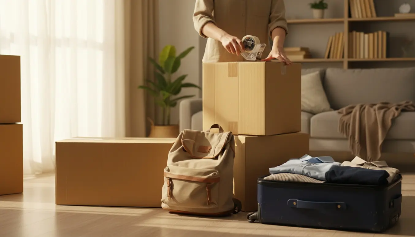 En person set bagfra pakker tre kvadratiske kasser, en rektangulær kasse, en rygsæk og en kuffert i en solbelyst stue.