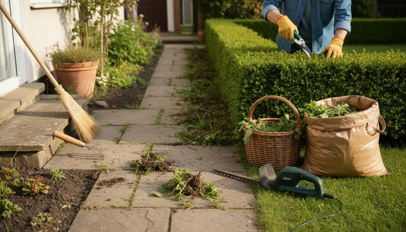 Hækkeklipning og lugning mellem fliser ved fortovet med handsker, værktøj og en bunke ukrudt.