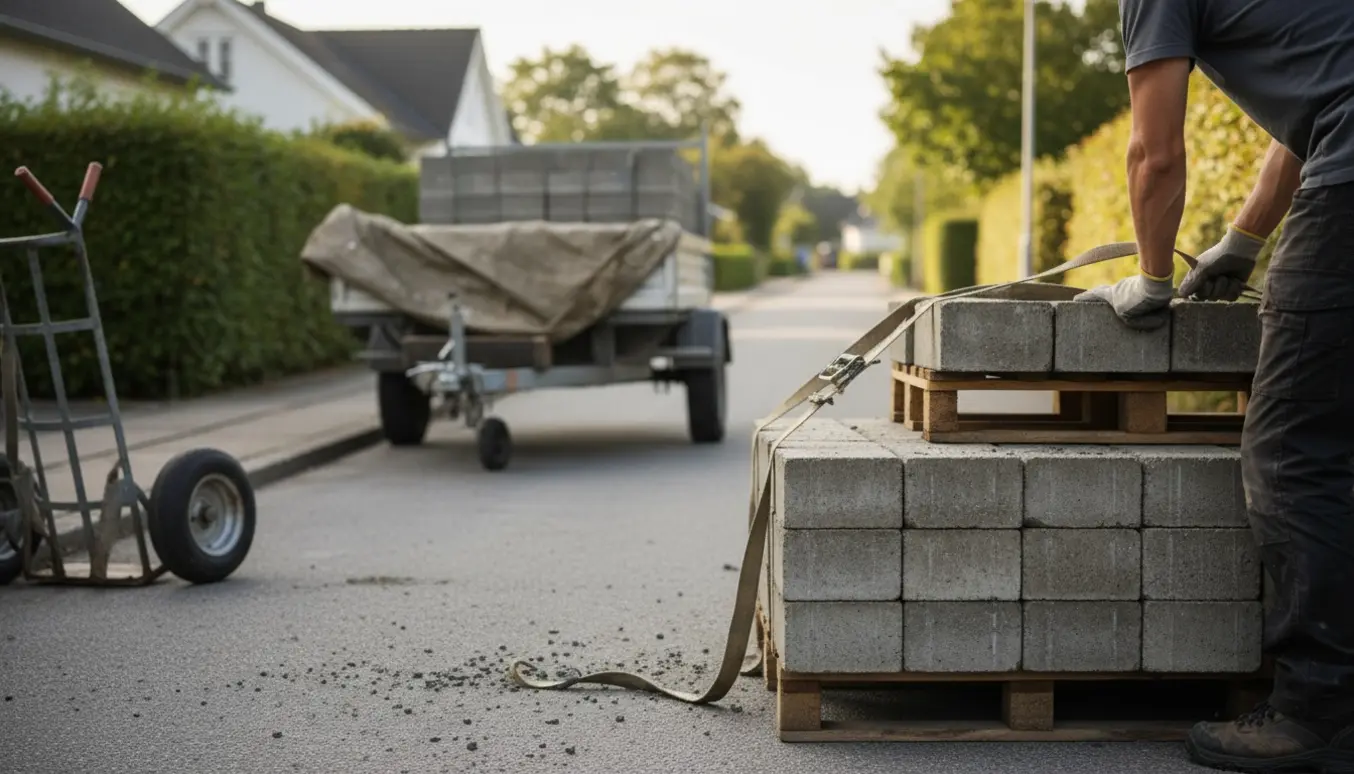 Lastbil laster betonfliser på en rolig villavej i Gentofte, arbejdstagere sikrer læsset med stropper.