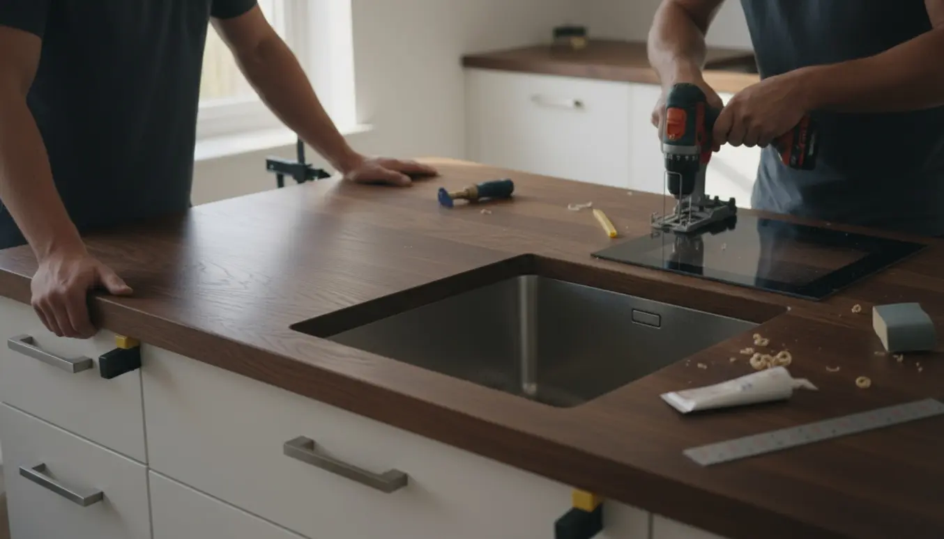 Mørk egetræs bordplade med udskæringer til vask og induktion monteres i et lyst køkken.