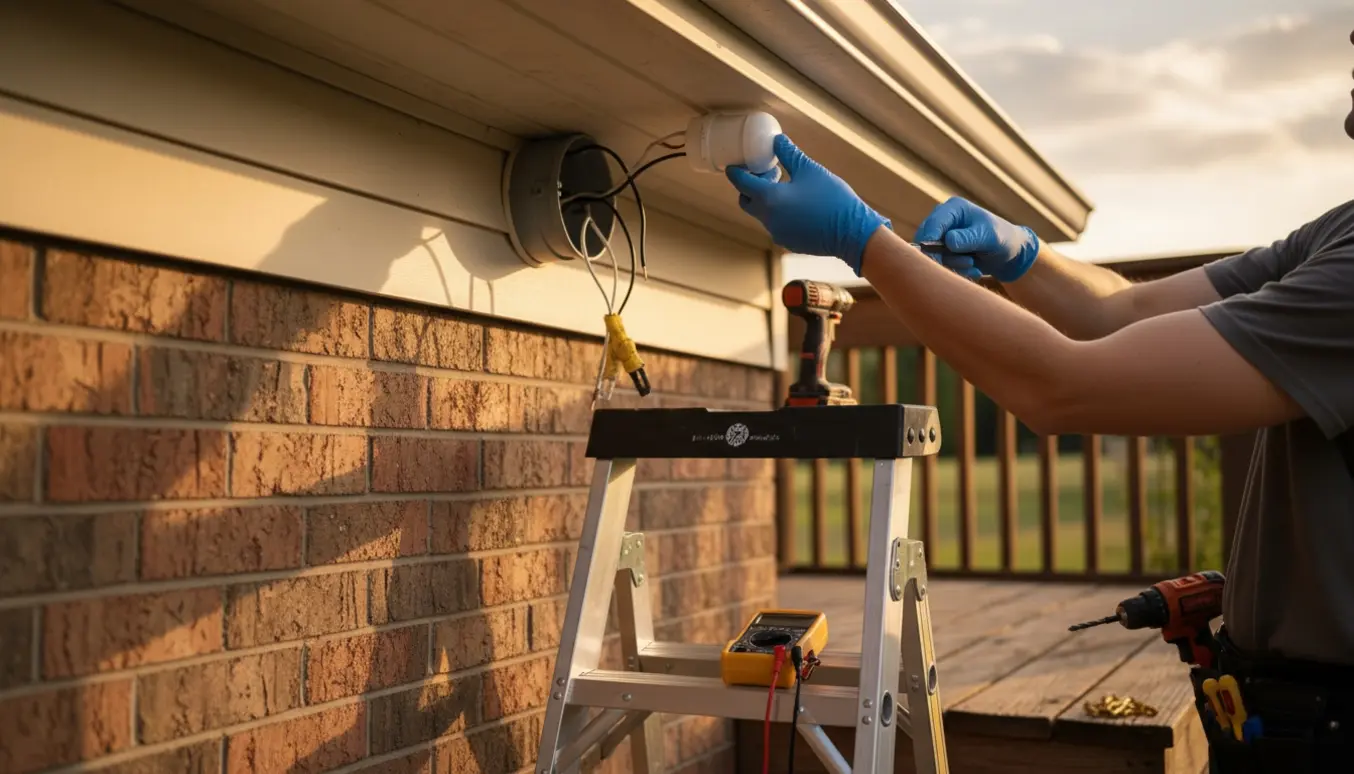 Hænder skifter en udendørs lyssensor på husmuren med stige og værktøj ved aftentid.