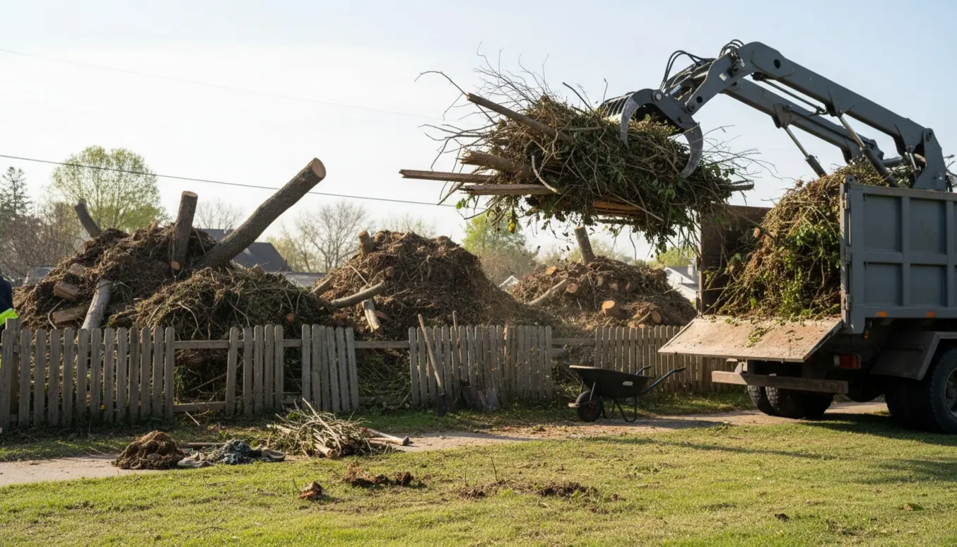 Tre store bunker haveaffald ved vej, hvor en grab løfter grene og rådne planker ind i en container.