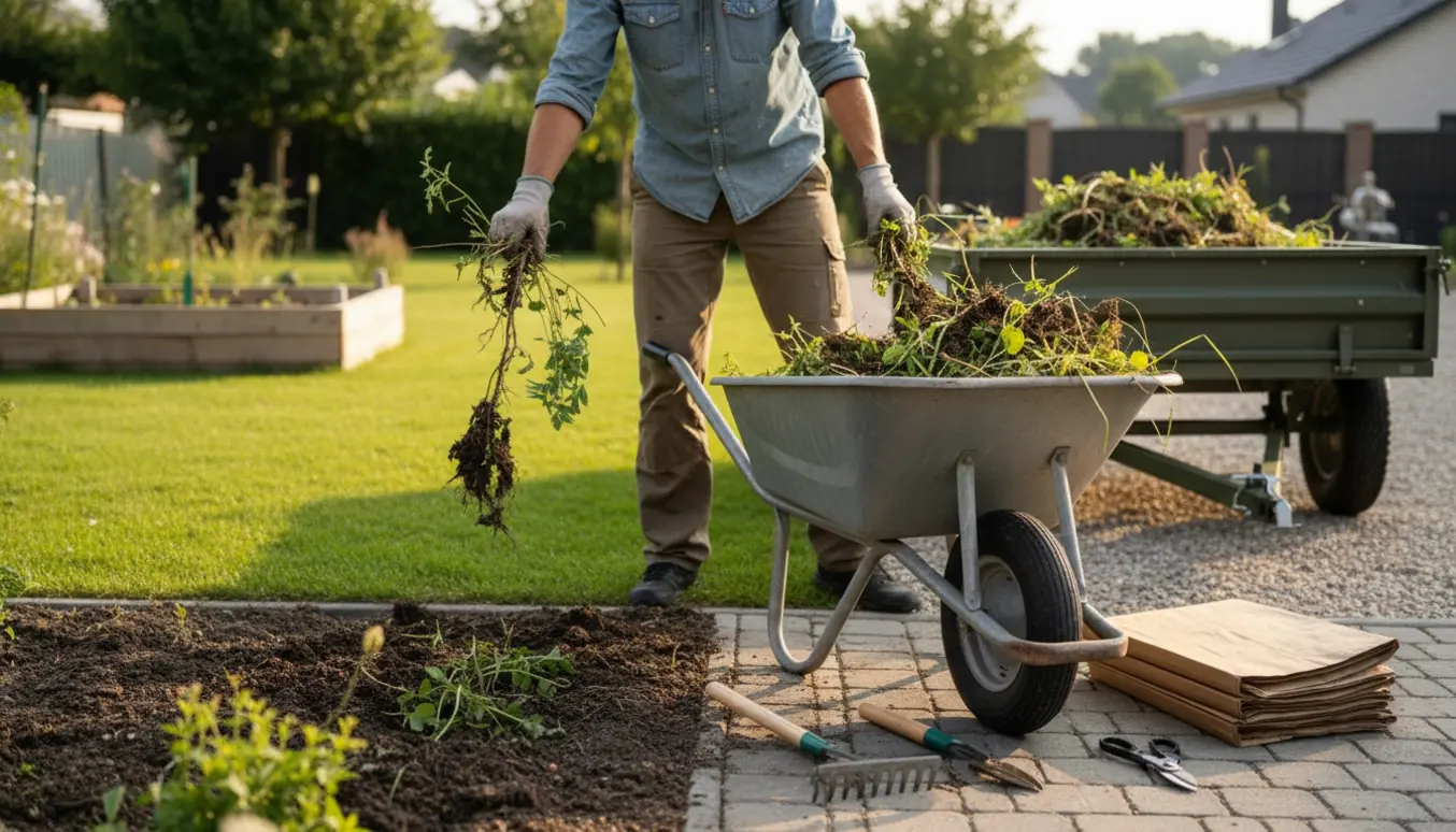 Hænder trækker ukrudt op og læsser det i en trillebør med trailer til kørsel af haveaffald i baggrunden.