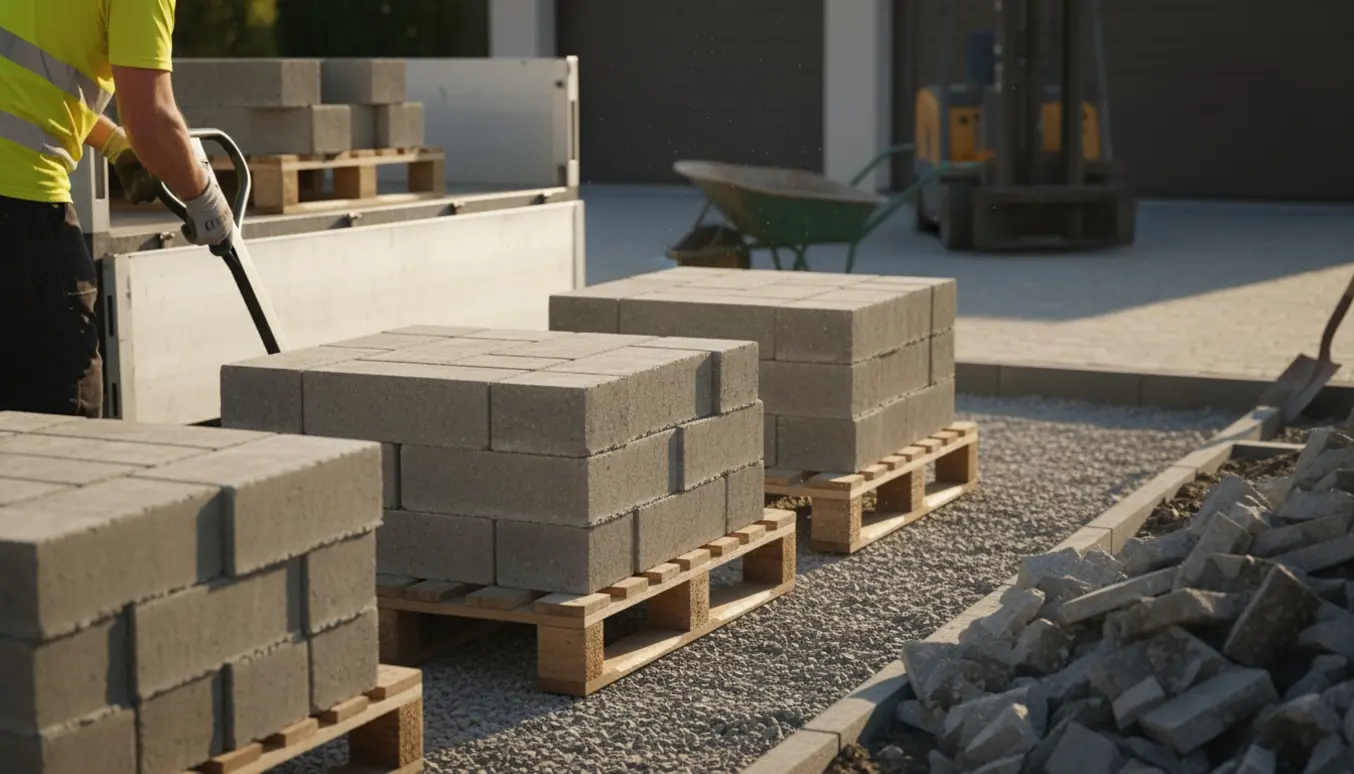 En ubrandet lastbil læsser tunge betonfliser fra en indkørsel under opbygning.