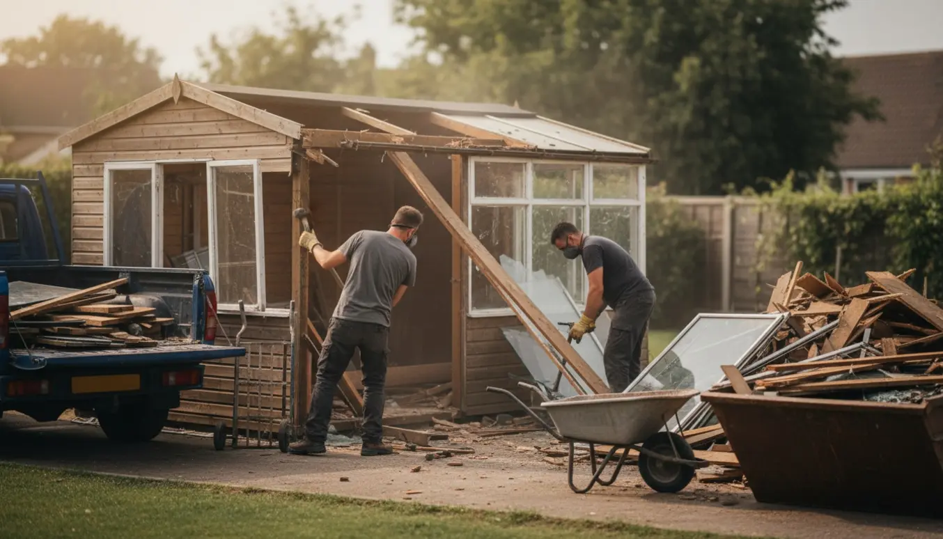Nedrivning af et lille skur og udestue i en baghave, hvor materialer læsses i en trailer og en container.