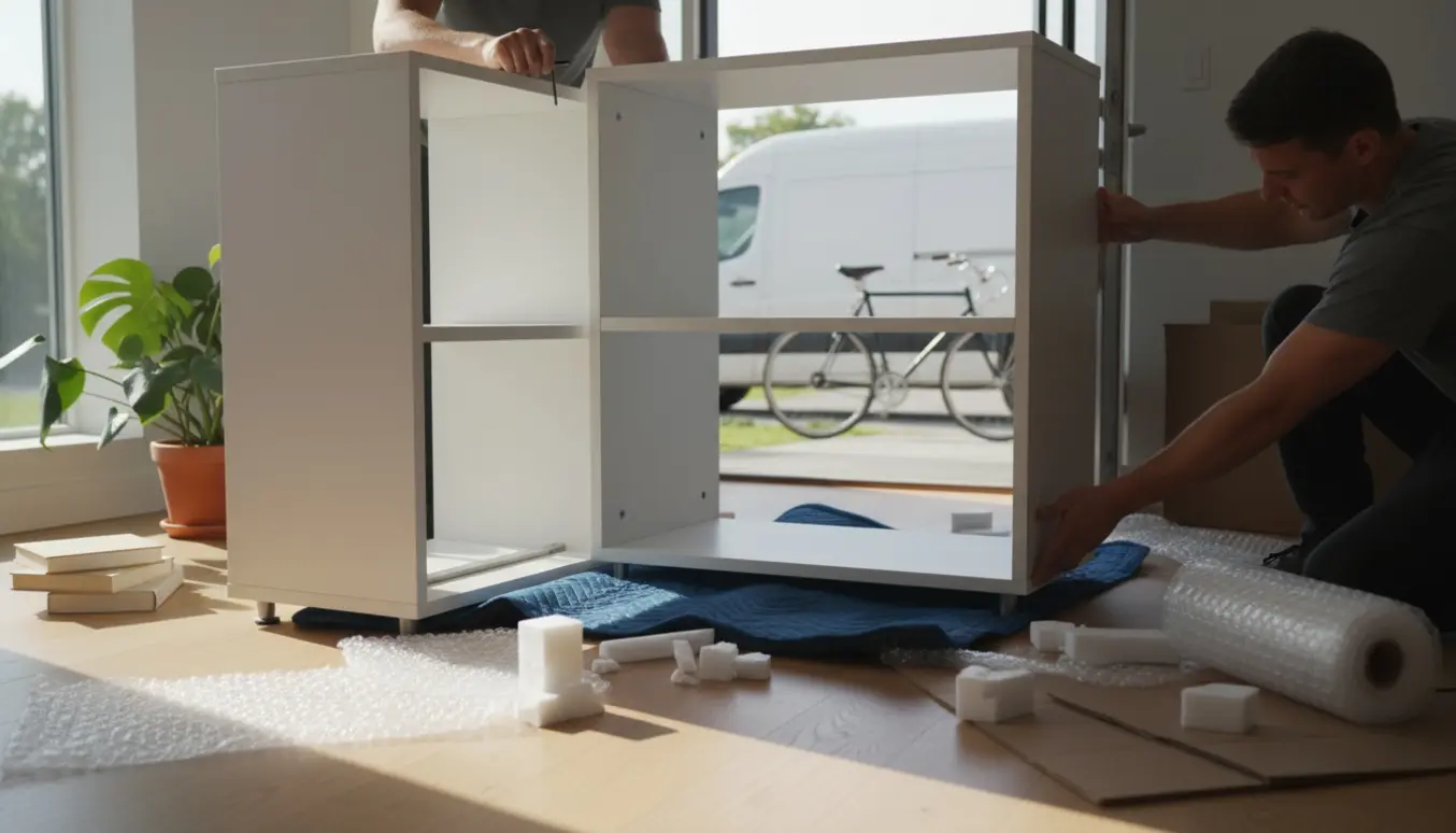 Et hvidt kubereol med metalunderstel bliver pakket ud og sat på plads i en lys lejlighed efter levering.