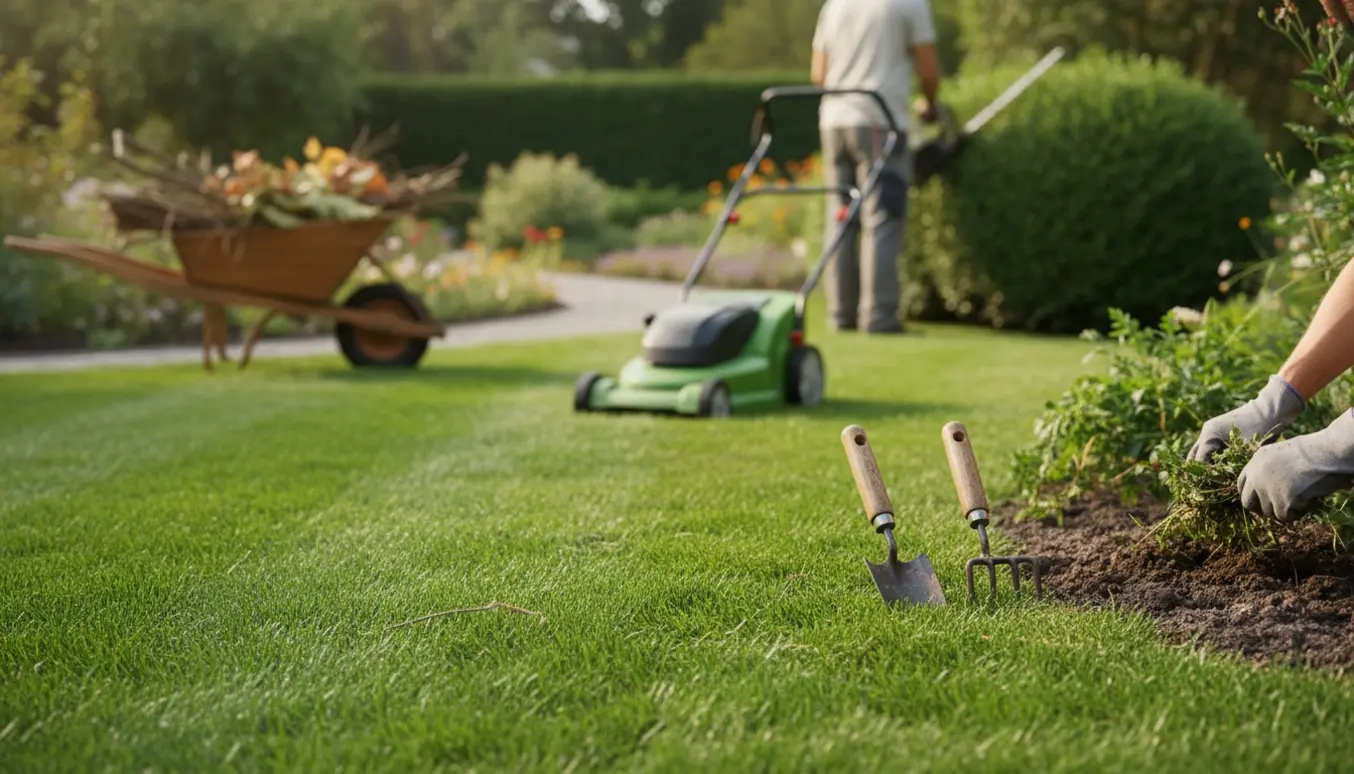 Almindeligt havearbejde med hækkeklip, græsslåning og lugning i en solbelyst have.