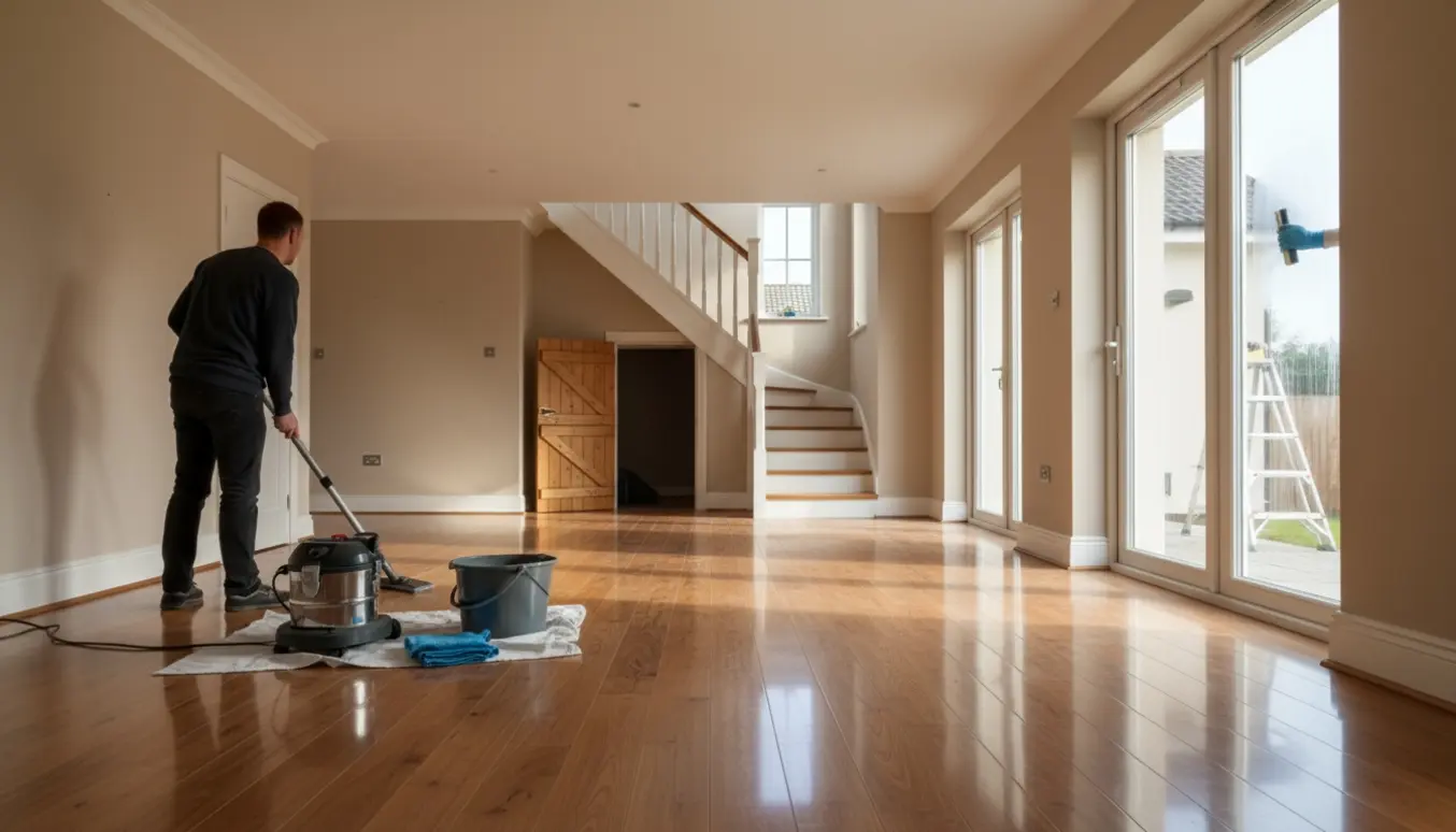 Tom nyrenoveret bolig med rengøringsudstyr, skinnende gulve og strejfri vinduer i sollys.